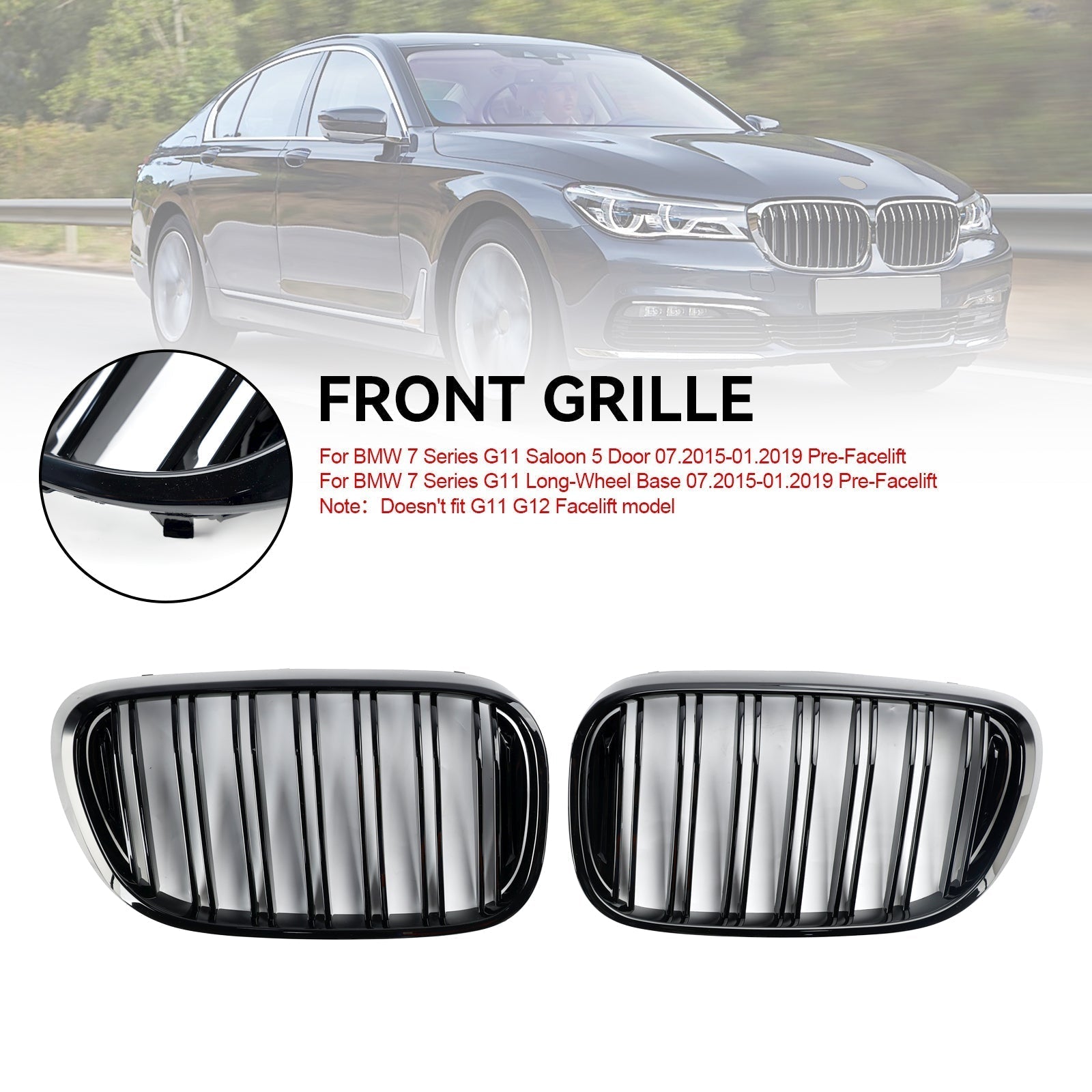 BMW 7 Series G11 Long-Wheelbase Pre-Facelift 2-Slat Black Front Kidney Grille 2015-2019
