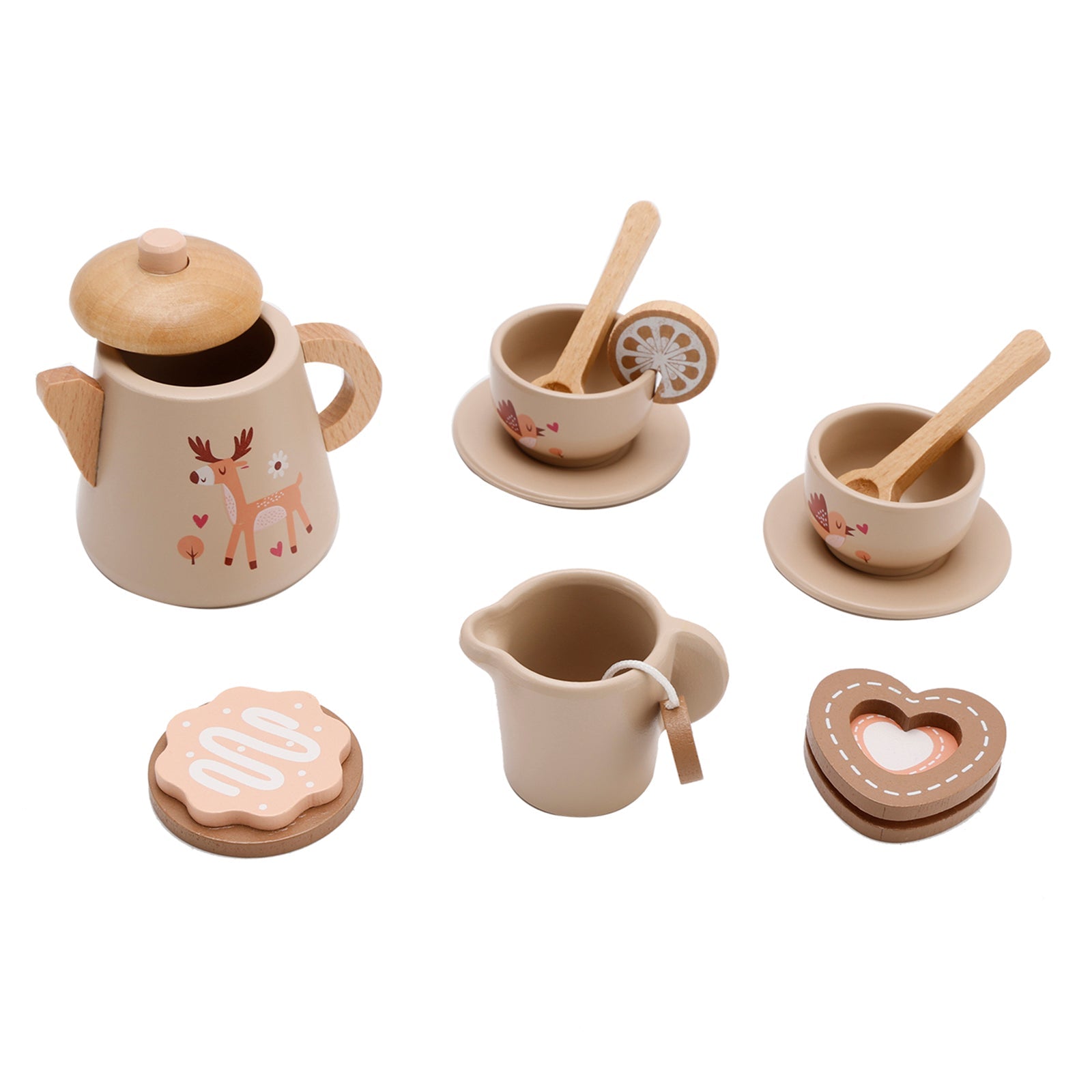 13-Piece Kids Play Kitchen Wooden Tableware and Tea Service Set