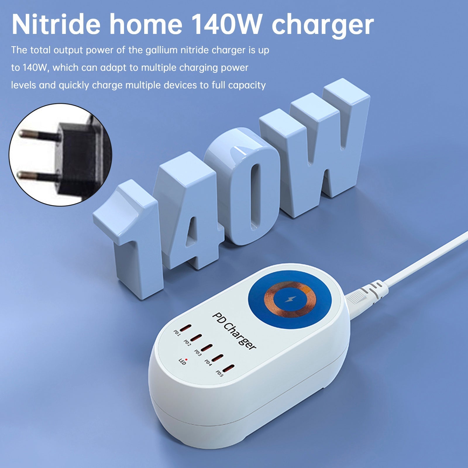140W Power Delivery Multi-Port Fast Charger with Magnetic Wireless Charging for Laptops and Smartphones EU